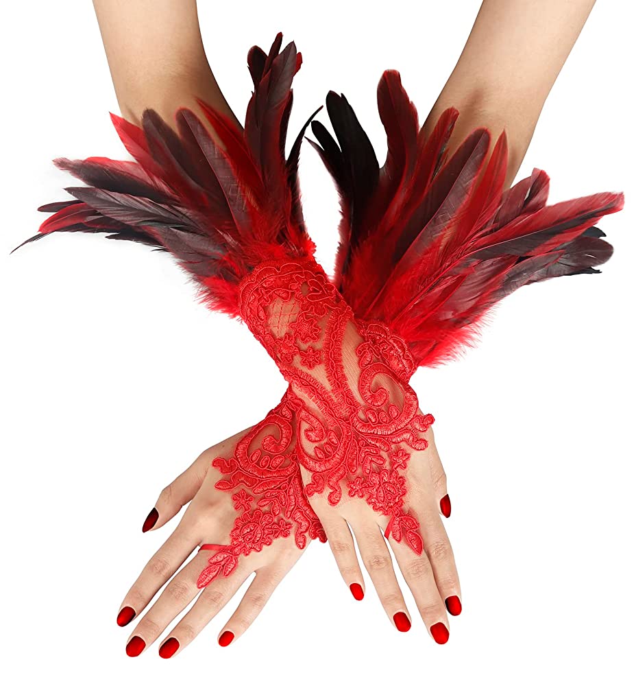 Red lace feather gloves on a white background: sequin lace hand cuffs with red and black feather trim, one pair