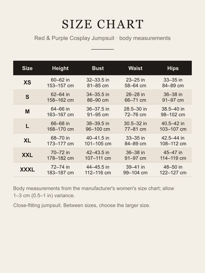 Size chart for the women's cosplay jumpsuit: height, bust, waist and hips for XS to XXXL in inches and centimeters