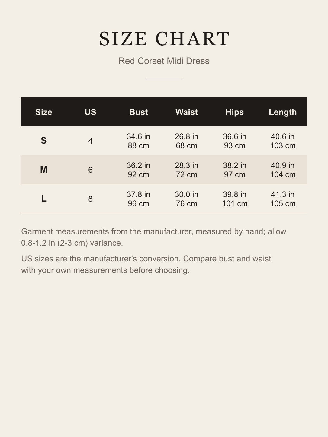 Size chart for the red corset midi dress: US size, bust, waist, hips and length for S, M and L in inches and centimeters