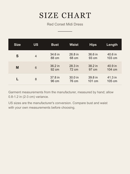 Size chart for the red corset midi dress: US size, bust, waist, hips and length for S, M and L in inches and centimeters