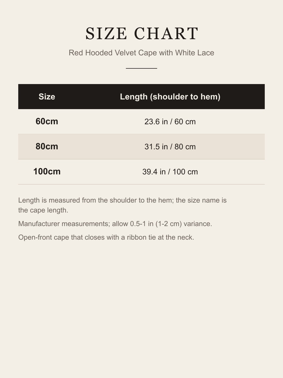 Red hooded velvet cape size chart: 60, 80 and 100 cm lengths shoulder to hem