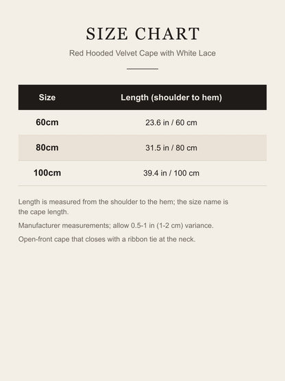 Red hooded velvet cape size chart: 60, 80 and 100 cm lengths shoulder to hem