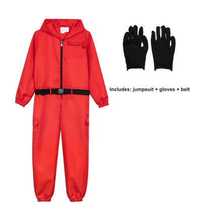 What's included: red hooded jumpsuit, black belt and a pair of black gloves