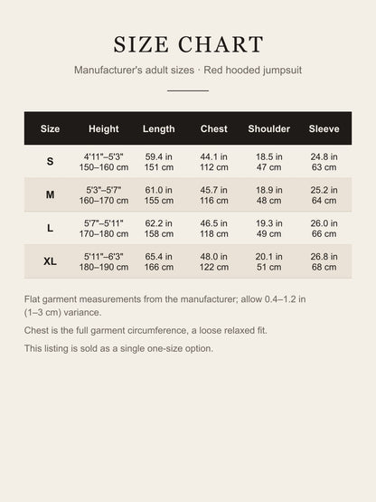 Manufacturer size chart for the red hooded jumpsuit: height, length, chest, shoulder and sleeve for adult S to XL in inches and centimeters