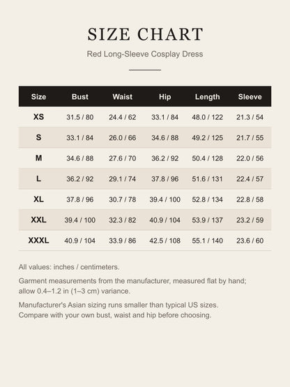 Size chart for the red cosplay dress: bust, waist, hip, length and sleeve for XS to XXXL in inches and centimeters
