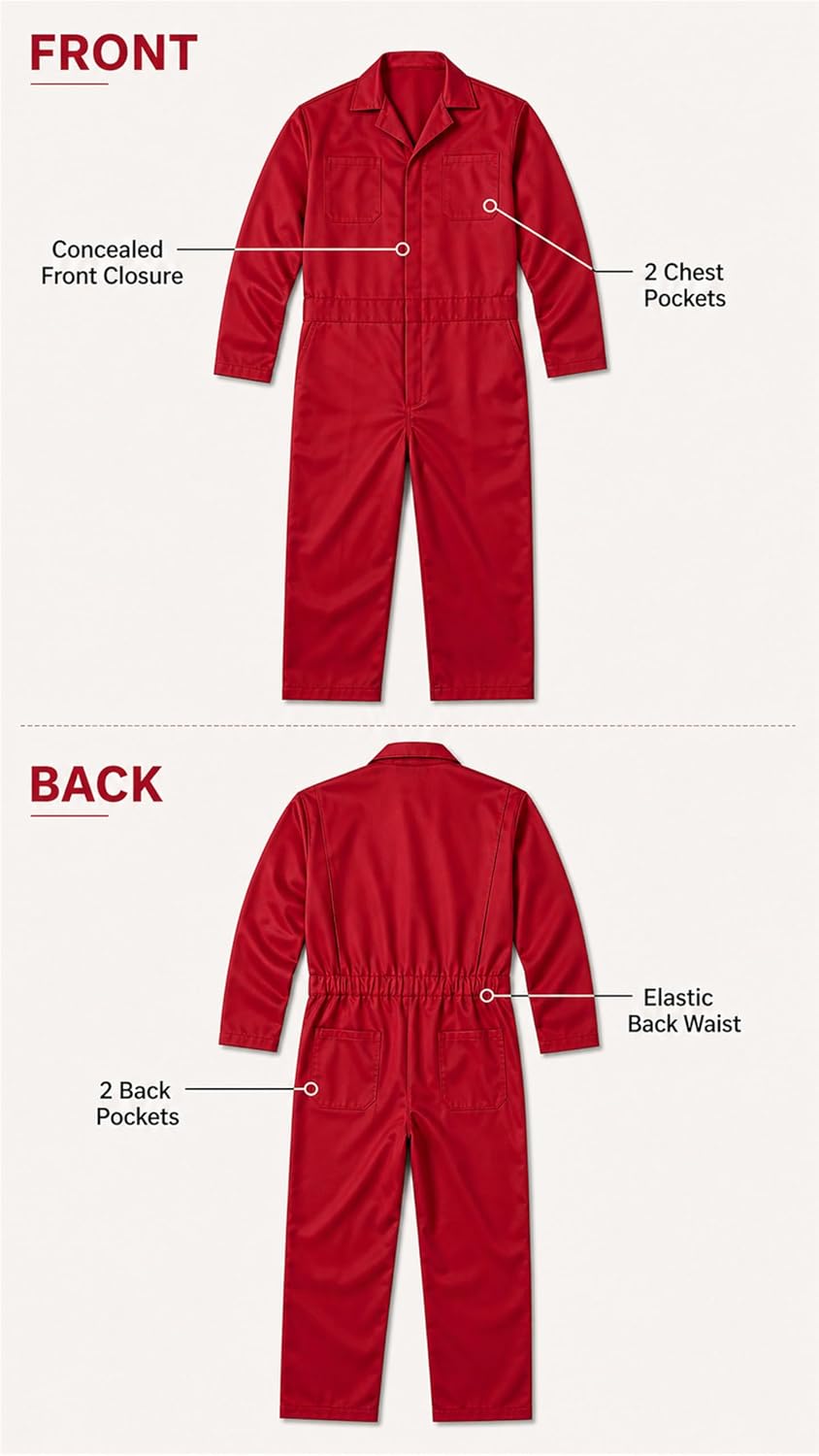 Front and back of the red coverall: concealed front closure, 2 chest pockets, elastic back waist and 2 back pockets