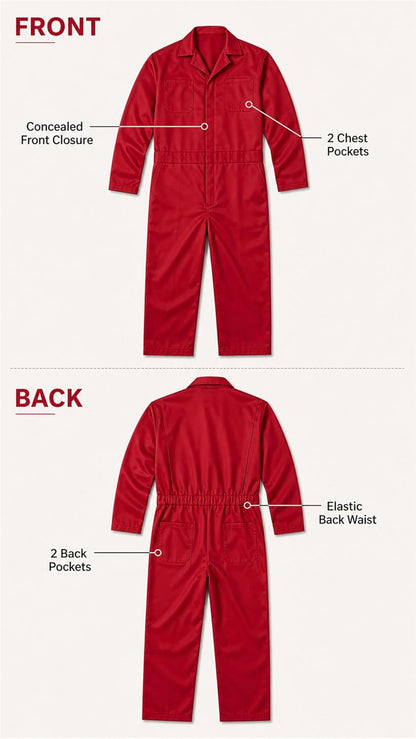 Front and back of the red coverall: concealed front closure, 2 chest pockets, elastic back waist and 2 back pockets