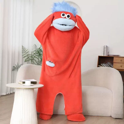 Real photo of the red monster onesie worn with the hood pulled over the head