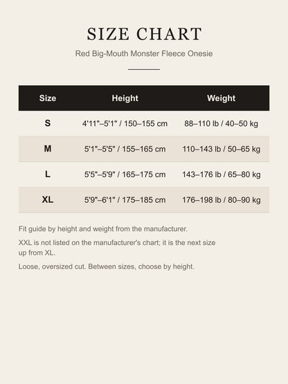 Size chart for the red monster onesie by height and weight, S to XL
