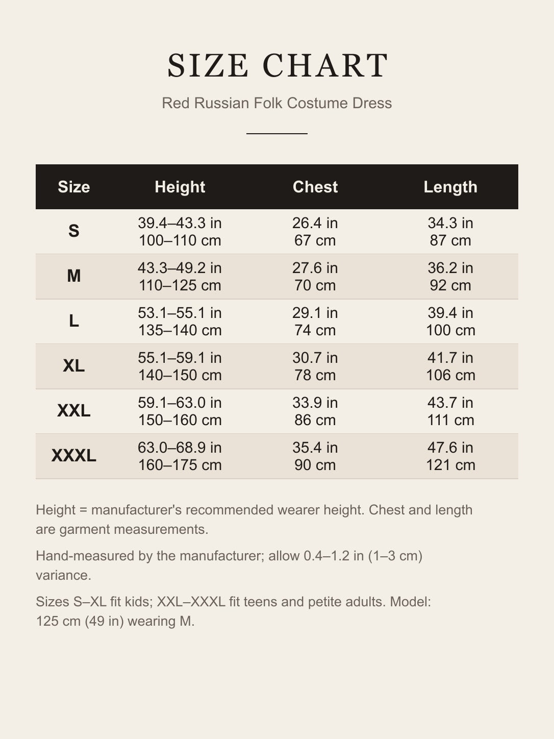 Size chart for the red Russian folk costume: recommended height, chest and length for sizes S to XXXL in inches and centimeters