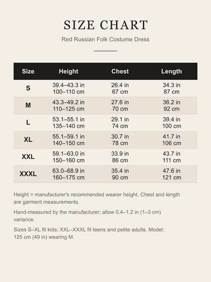 Size chart for the red Russian folk costume: recommended height, chest and length for sizes S to XXXL in inches and centimeters