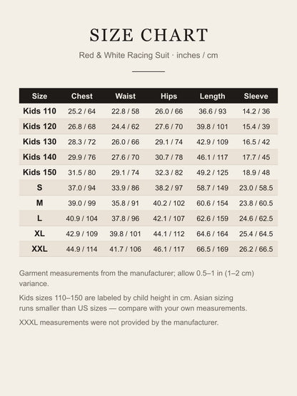 Size chart for the red racing suit: chest, waist, hips, length and sleeve for kids 110–150 and adult S–XXL in inches and cm