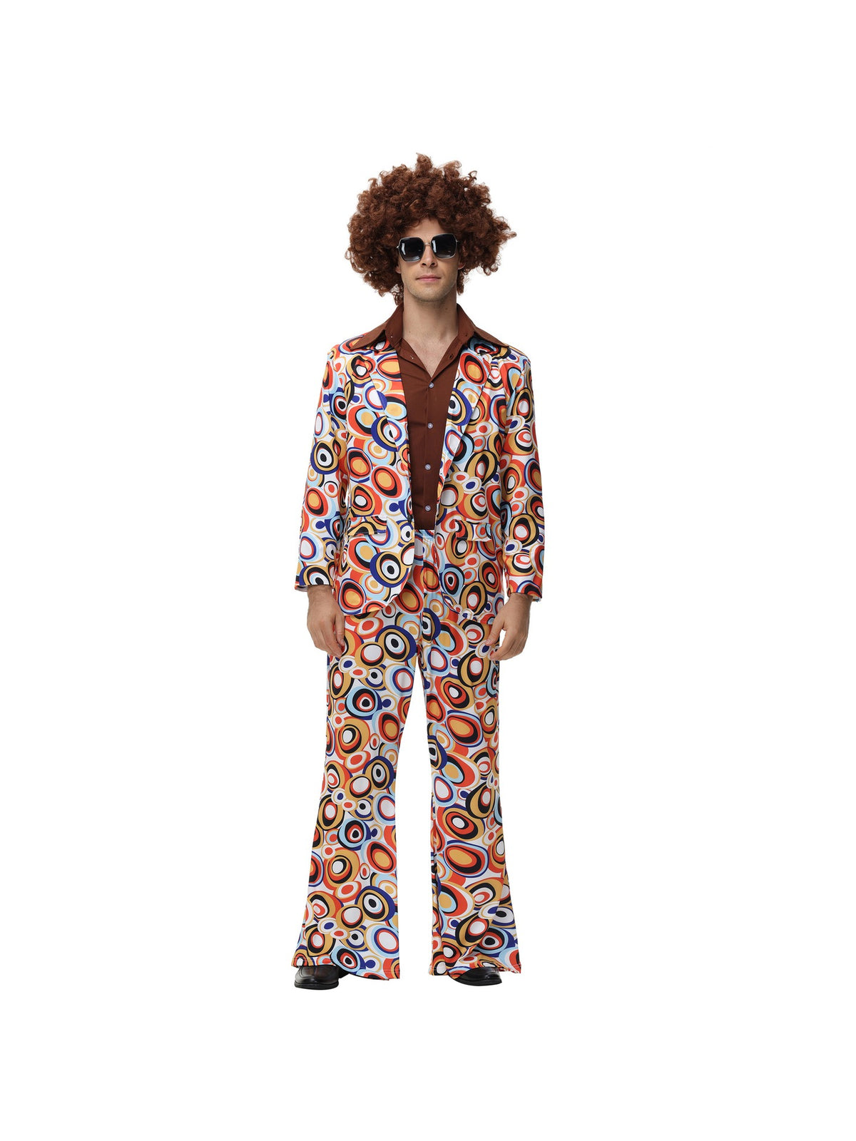 Men's retro disco costume on a male model: circle-print jacket, brown shirt and flared pants (wig and sunglasses not included)