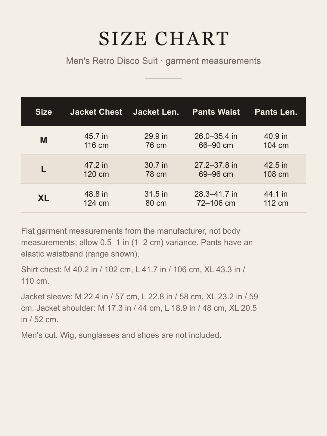 Size chart for the men's retro disco suit: jacket chest and length, pants waist and length for M, L and XL in inches and centimeters