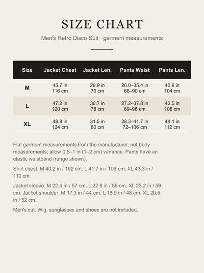 Size chart for the men's retro disco suit: jacket chest and length, pants waist and length for M, L and XL in inches and centimeters