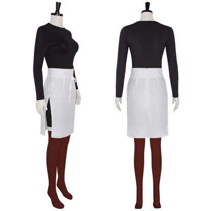Real product photo on a mannequin: side view showing the white skirt's side slit and back view with zips (tights not included)
