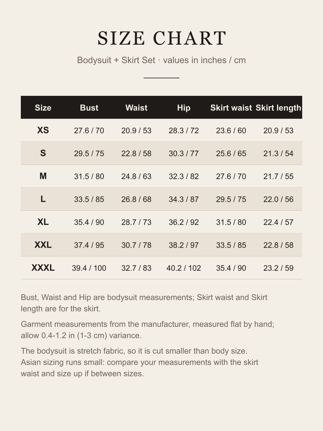 Size chart for the Rin Nohara cosplay set, XS to XXXL, bodysuit bust/waist/hip and skirt waist/length in inches and cm
