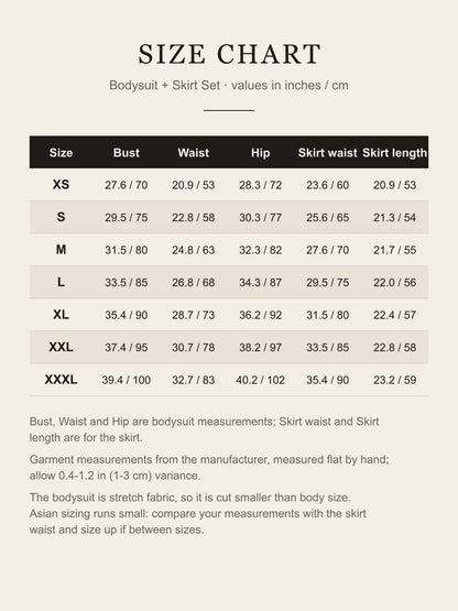 Size chart for the Rin Nohara cosplay set, XS to XXXL, bodysuit bust/waist/hip and skirt waist/length in inches and cm