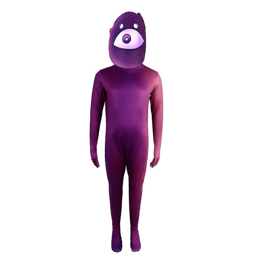 Roblox Doors purple eye costume: purple jumpsuit with built-in hands and feet and pull-over hood with printed eye, front view on white