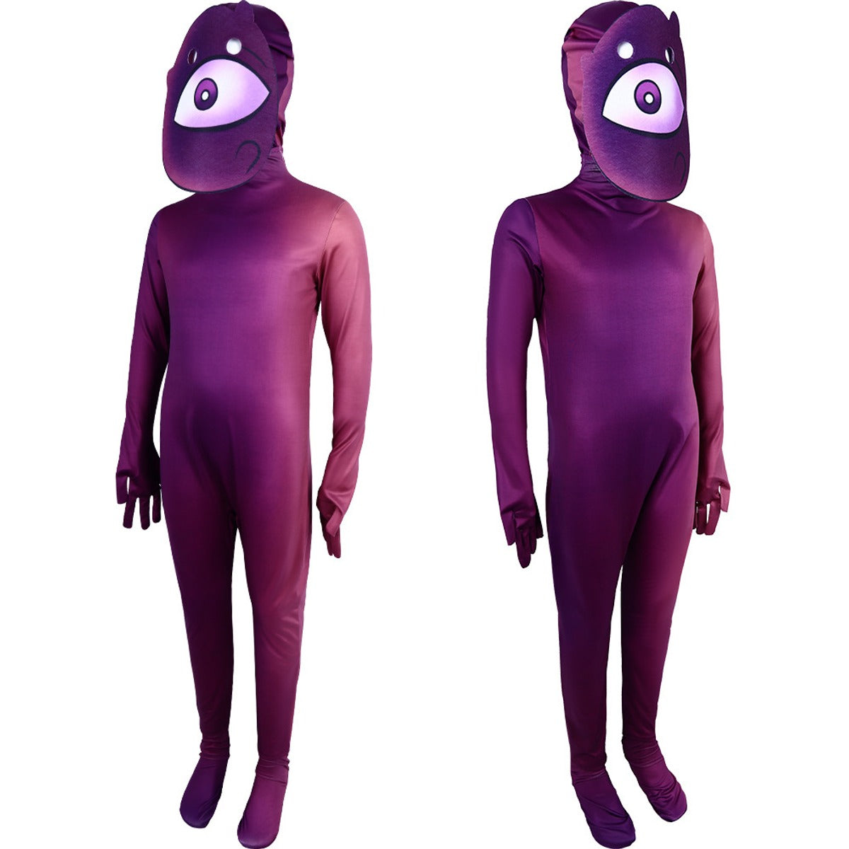 Purple eye costume jumpsuit and eye hood, front and angled side views