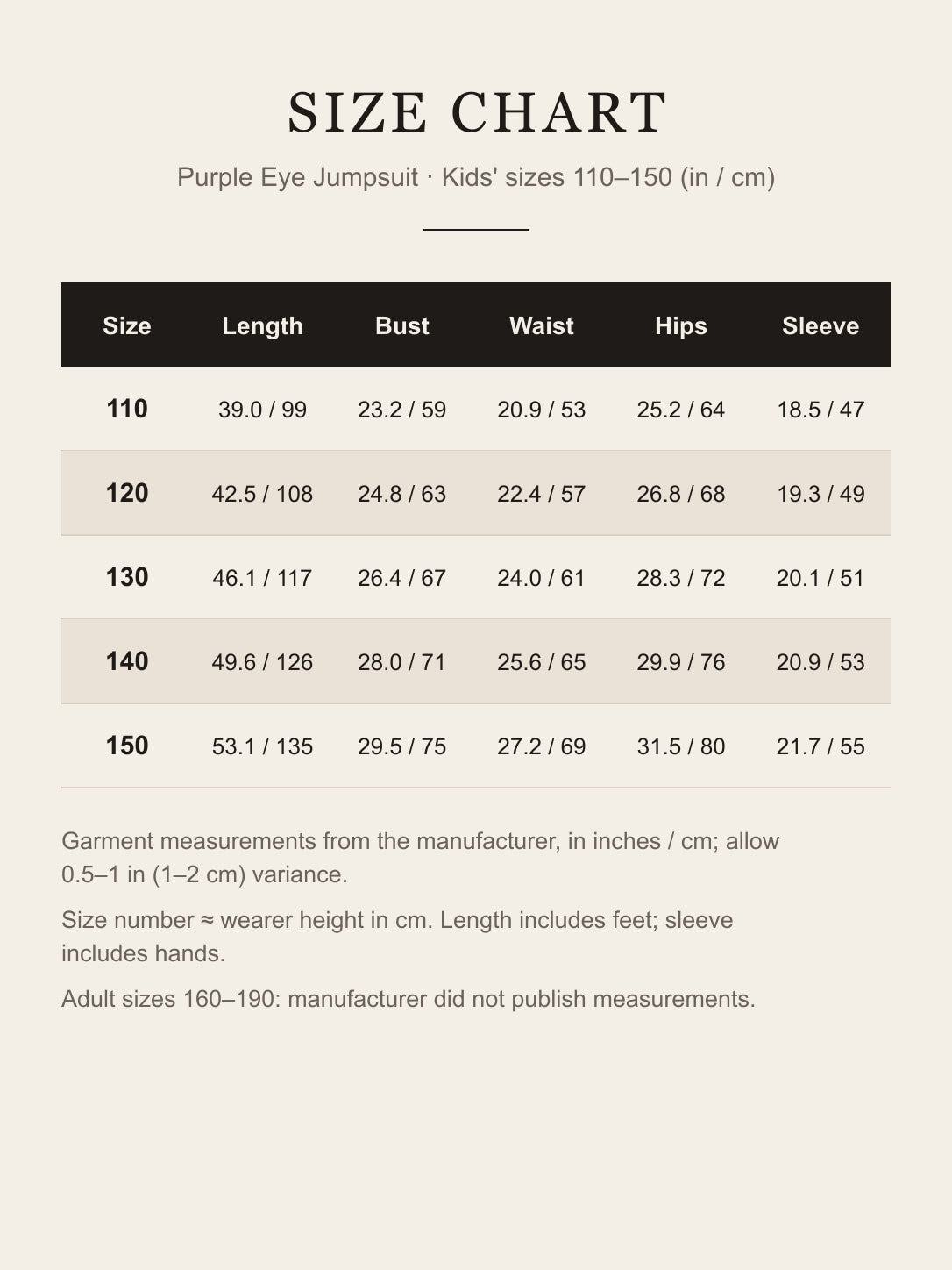 Size chart for the purple eye jumpsuit, kids' sizes 110 to 150: length, bust, waist, hips and sleeve in inches and centimeters