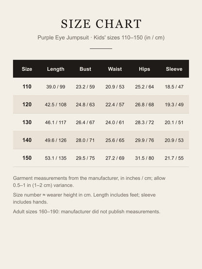 Size chart for the purple eye jumpsuit, kids' sizes 110 to 150: length, bust, waist, hips and sleeve in inches and centimeters