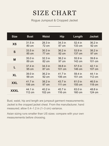 Size chart for the Rogue cosplay costume: jumpsuit bust, waist, hip and length plus jacket chest for XS to XXXL in inches and centimeters