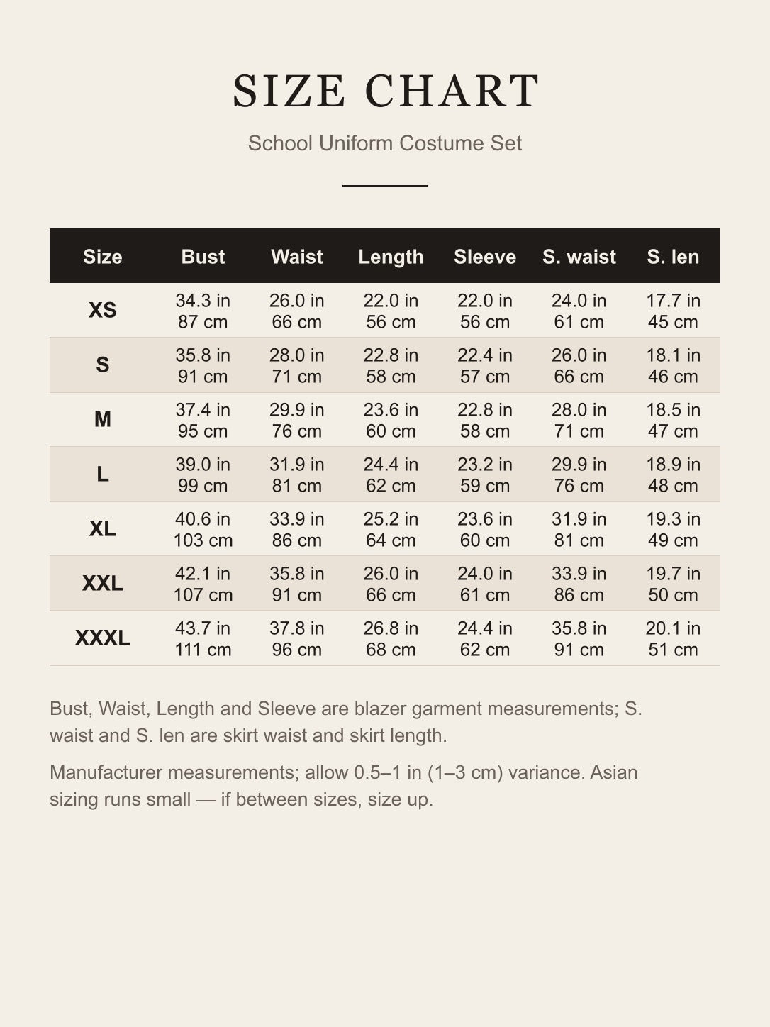 Size chart for the school uniform costume: blazer bust, waist, length, sleeve and skirt waist, length for XS to XXXL in inches and centimeters