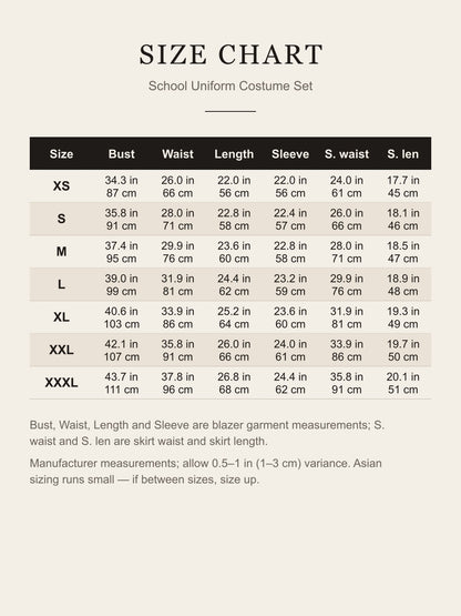 Size chart for the school uniform costume: blazer bust, waist, length, sleeve and skirt waist, length for XS to XXXL in inches and centimeters