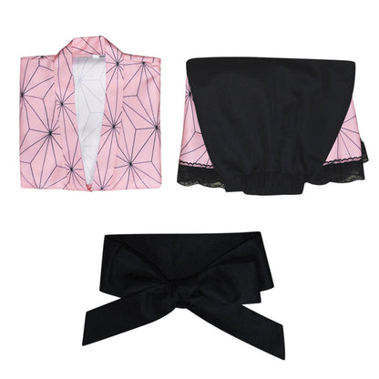 What's included: pink kimono-style top, skirt with black front panel and lace hem, large black bow sash
