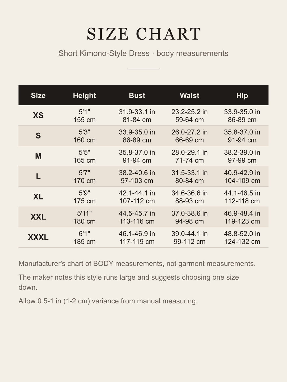 Size chart for short pink kimono-style cosplay dress, XS to XXXL, inches and cm