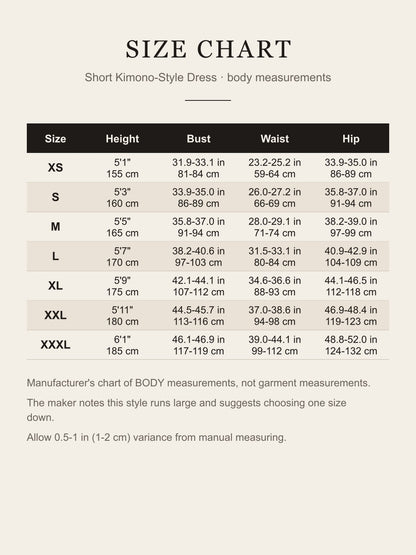 Size chart for short pink kimono-style cosplay dress, XS to XXXL, inches and cm