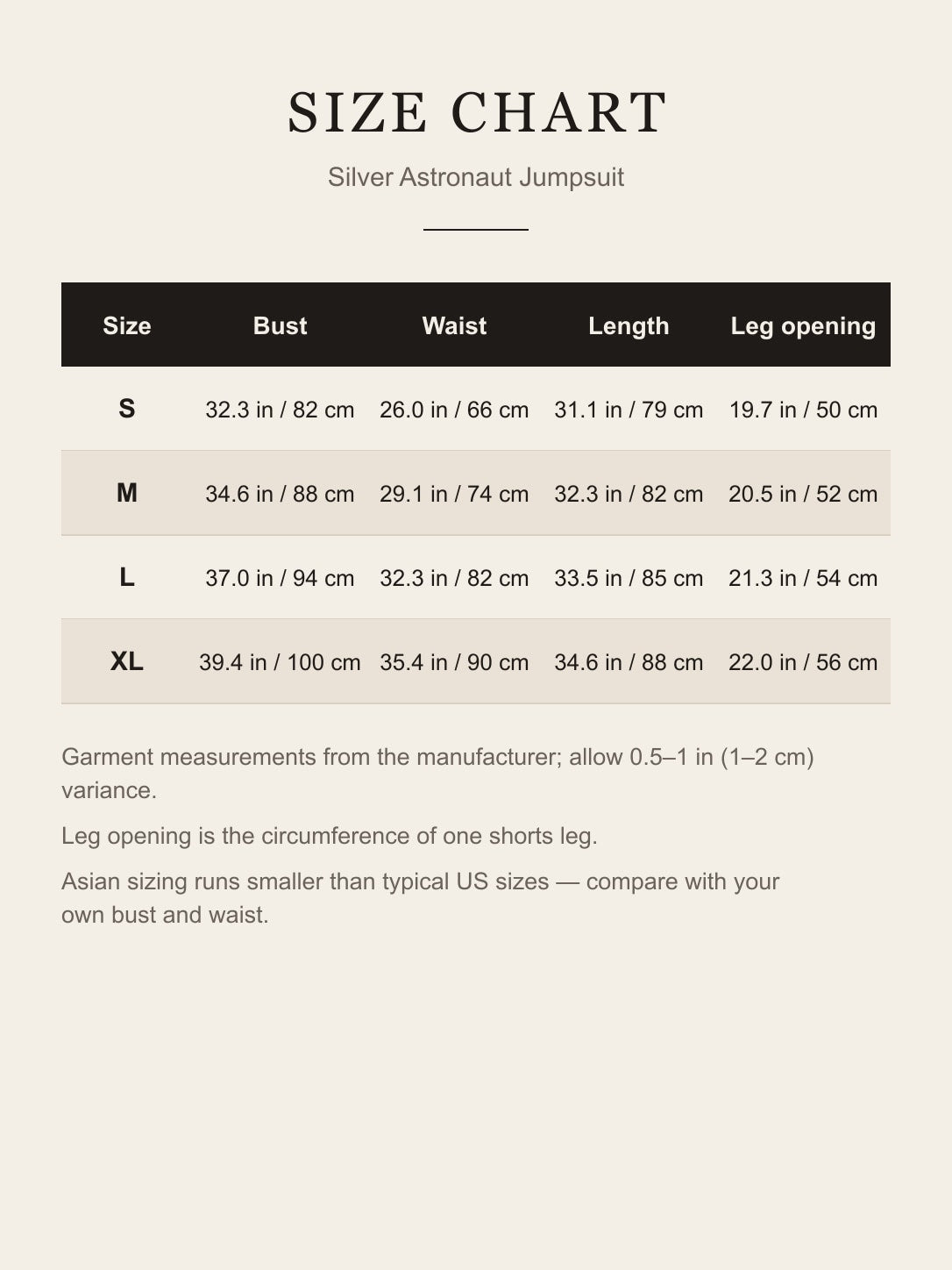 Size chart for the silver astronaut jumpsuit: bust, waist, length and leg opening for S, M, L and XL in inches and centimeters