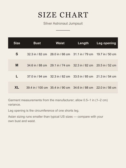 Size chart for the silver astronaut jumpsuit: bust, waist, length and leg opening for S, M, L and XL in inches and centimeters