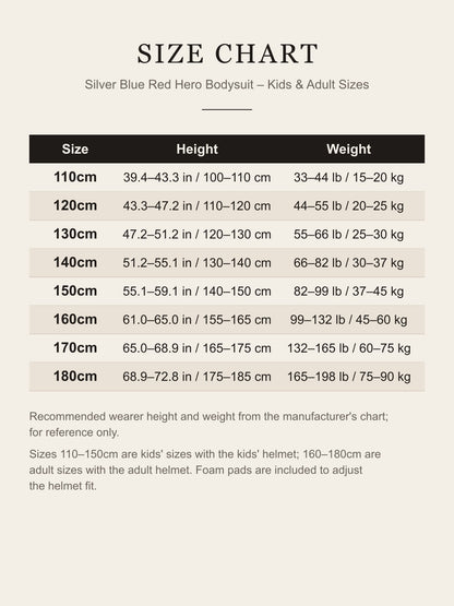 Size chart for the hero bodysuit costume: recommended height and weight for kids' sizes 110–150cm and adult sizes 160–180cm