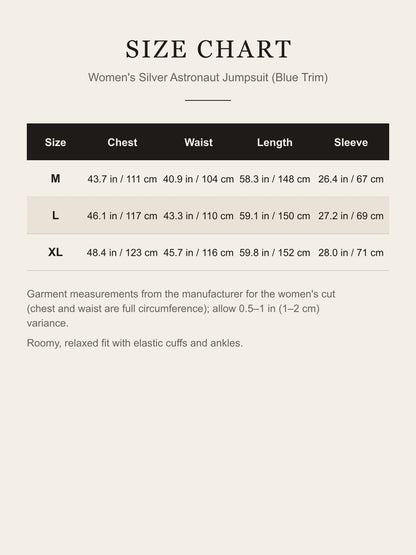 Size chart for the women's silver astronaut jumpsuit: chest, waist, length and sleeve for M, L and XL in inches and centimeters