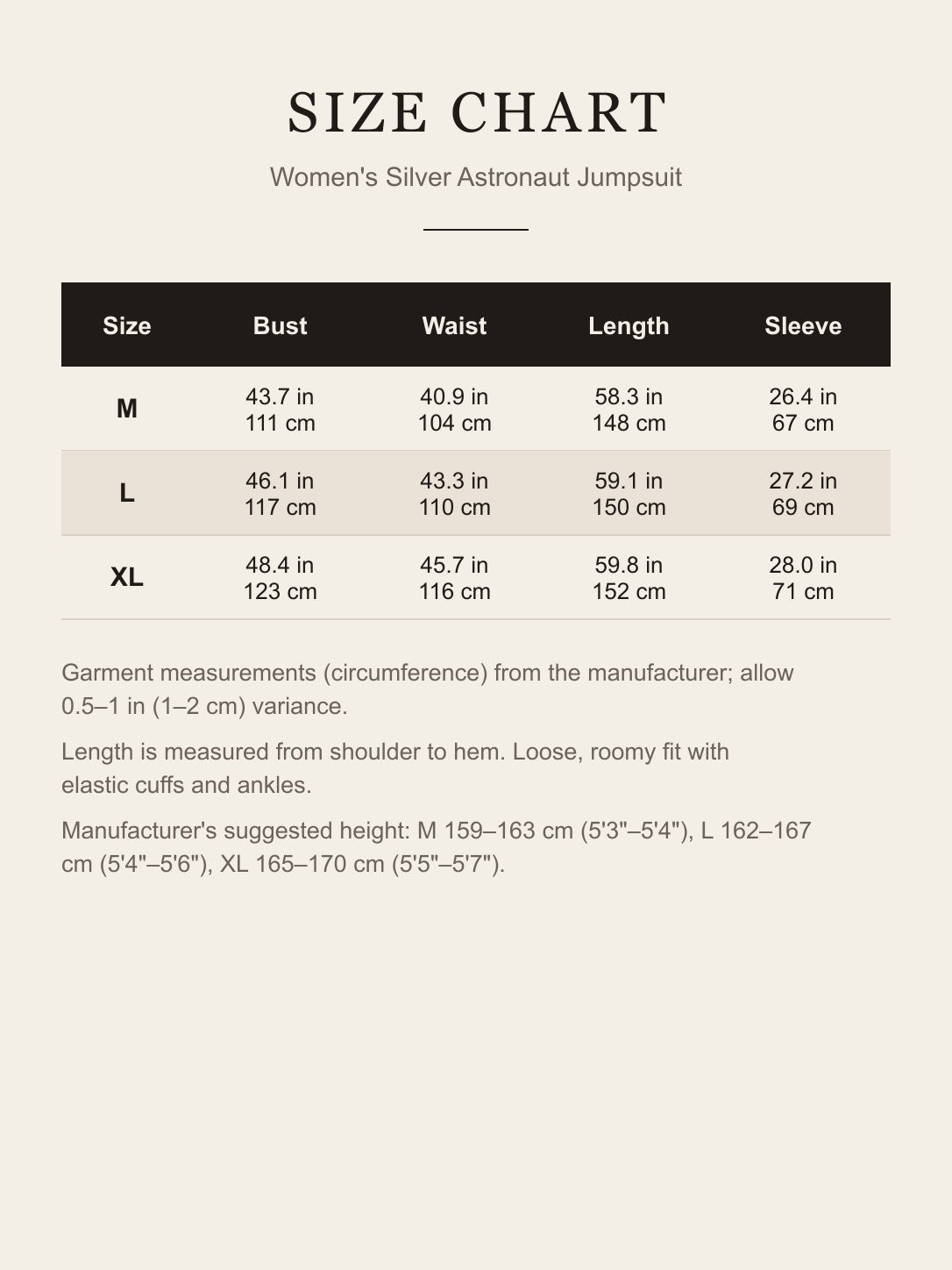 Size chart for the women's silver astronaut jumpsuit: bust, waist, length and sleeve for M, L and XL in inches and centimeters