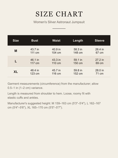 Size chart for the women's silver astronaut jumpsuit: bust, waist, length and sleeve for M, L and XL in inches and centimeters