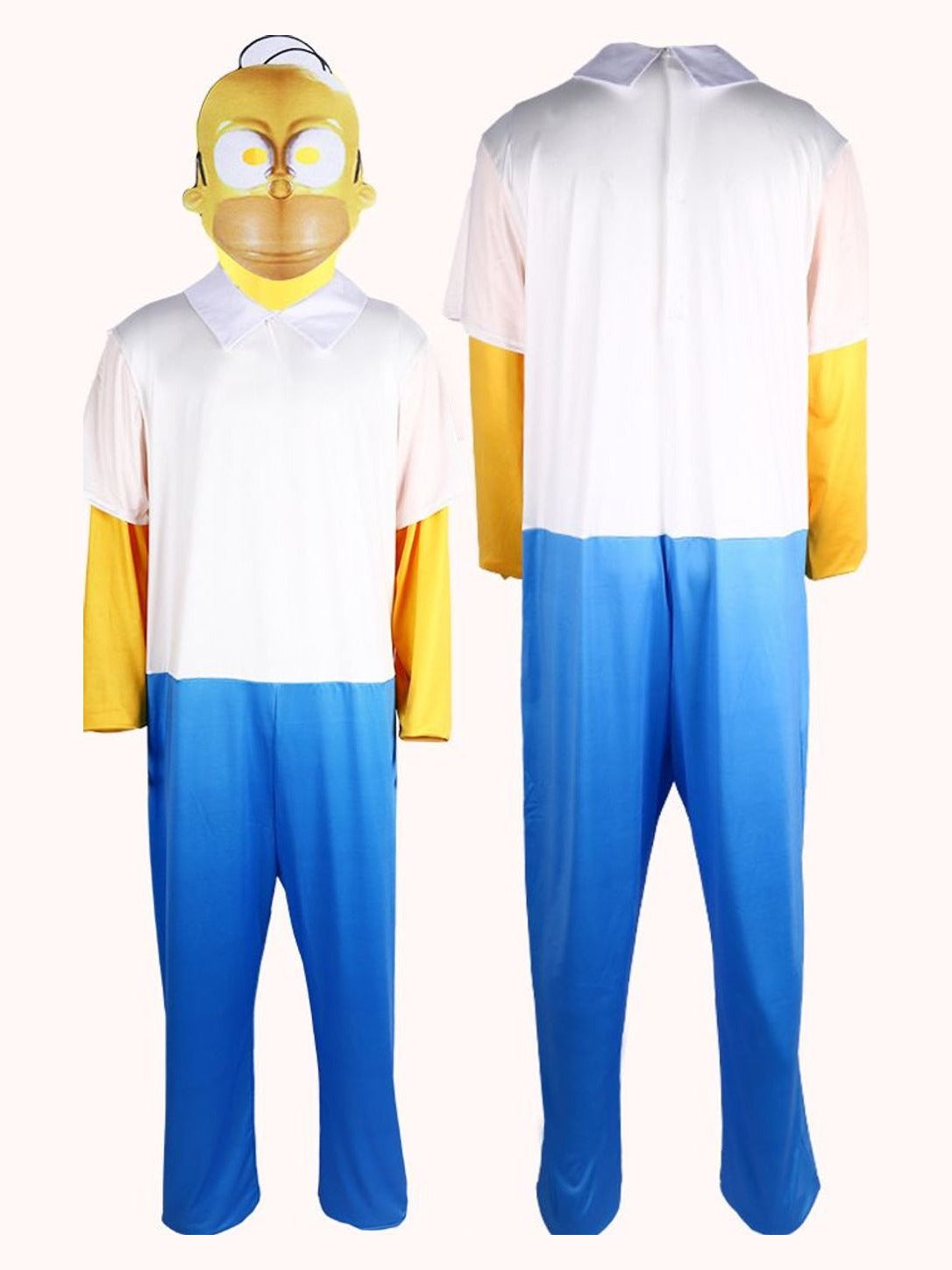 The Simpsons cosplay costume laid out front and back: one-piece jumpsuit and yellow character face mask