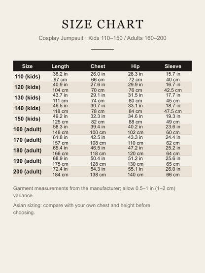 Size chart for The Simpsons cosplay jumpsuit: length, chest, hip and sleeve for kids 110–150 and adult 160–200 in inches and centimeters