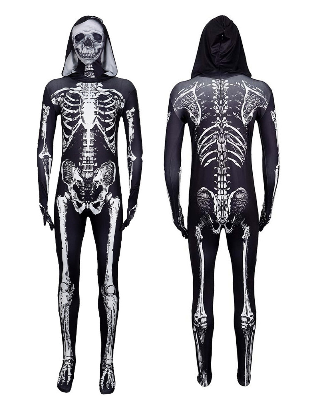Manufacturer photo of the skeleton jumpsuit front and back with the skull face hood up