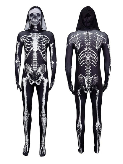 Manufacturer photo of the skeleton jumpsuit front and back with the skull face hood up