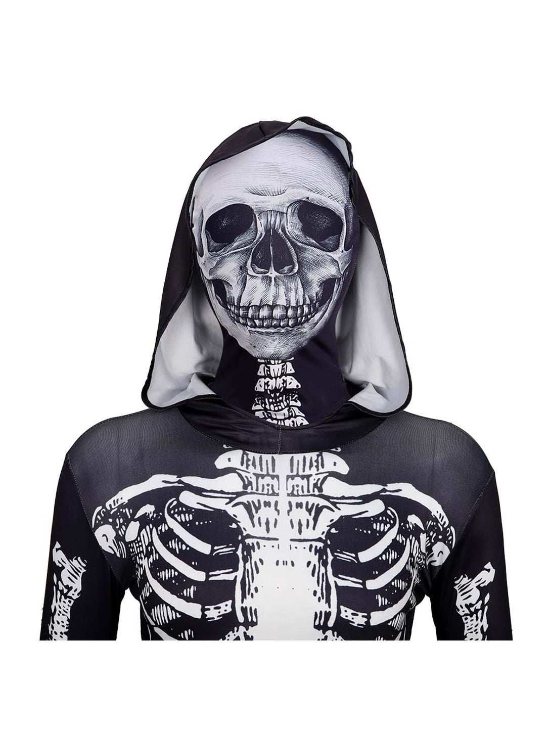 Close-up of the attached hood with printed skull face panel and rib cage print