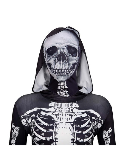 Close-up of the attached hood with printed skull face panel and rib cage print