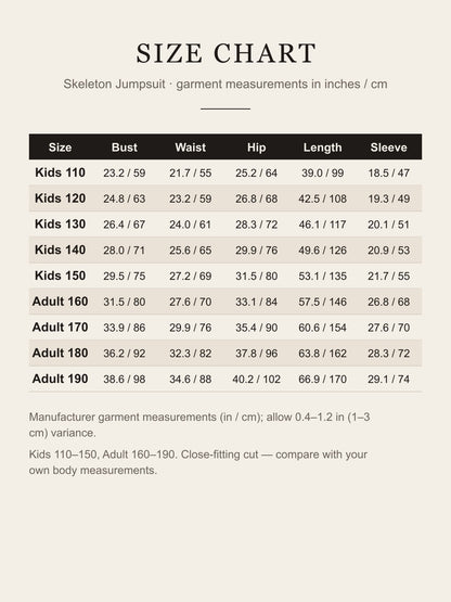 Size chart for the skeleton jumpsuit: bust, waist, hip, length and sleeve for kids 110–150 and adult 160–190 in inches and cm