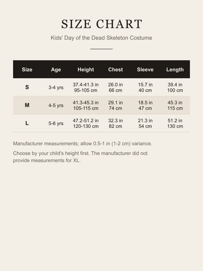 Size chart for the kids' Day of the Dead skeleton costume: age, height, chest, sleeve and length for S, M and L in inches and centimeters