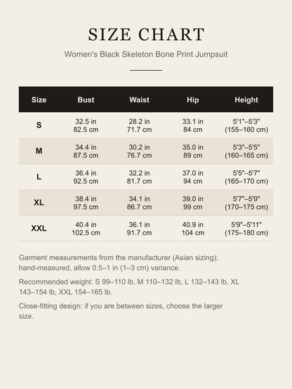 Size chart for the women's black skeleton jumpsuit: bust, waist, hip and height for S to XXL in inches and centimeters