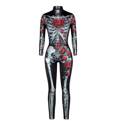 Flat product photo of the women's skeleton rose bodysuit on white, showing the full bone and red rose print