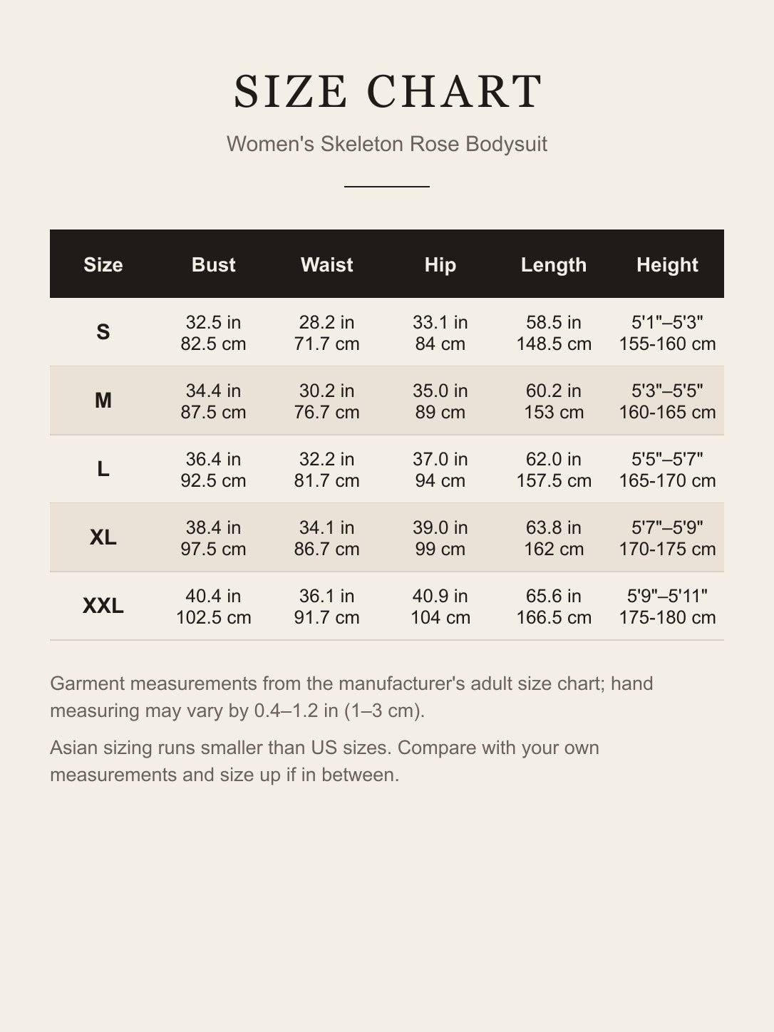 Size chart for the women's skeleton rose bodysuit: bust, waist, hip, length and height for S to XXL in inches and centimeters