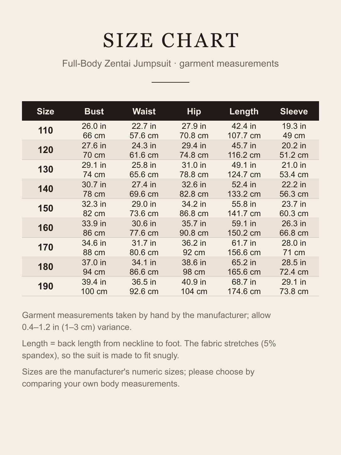 Size chart for the skin-tone zentai jumpsuit, sizes 110 to 190 with bust, waist, hip, length and sleeve in inches and centimeters